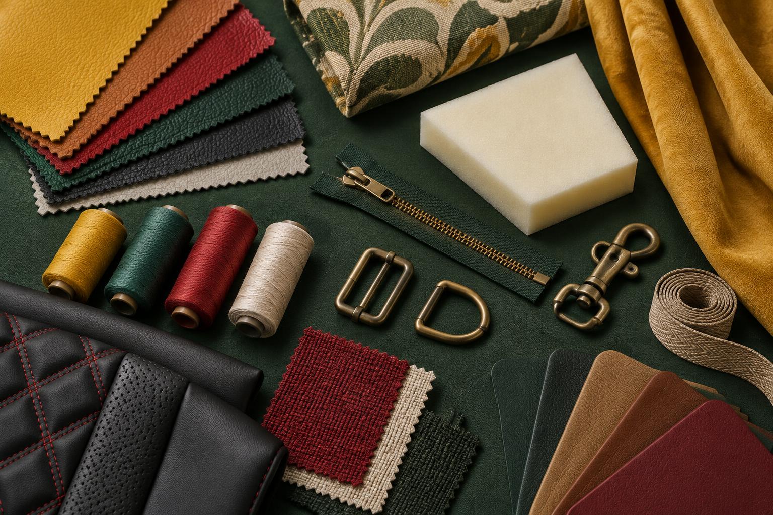 Amostras de tecidos sintéticos, ferragens, espuma e linhas